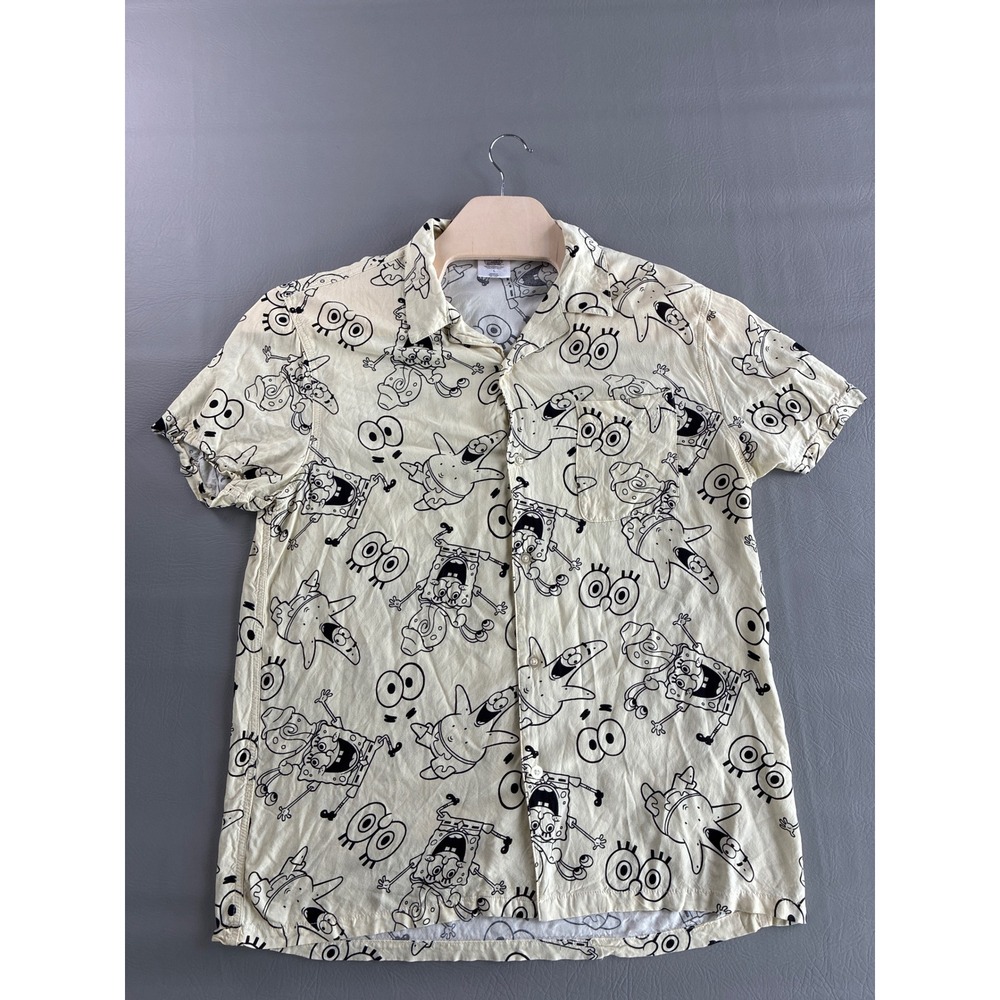 Nickelodeon SpongeBob SquarePants All Over Print Rayon Shirt Cream Yellow Mens L